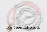 GMN6003 Knotted 8mm, 10mm rose quartz & white howlite 108 beads mala necklace with charm