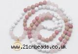 GMN6004 Knotted 8mm, 10mm white howlite, pink jasper & rose quartz 108 beads mala necklace with charm