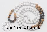 GMN6008 Knotted 8mm, 10mm matte white howlite & mixed gemstone 108 beads mala necklace with charm