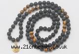 GMN6015 Knotted 8mm, 10mm black lava & yellow tiger eye 108 beads mala necklace with charm