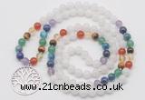 GMN6019 Knotted 7 Chakra 8mm, 10mm white jade 108 beads mala necklace with charm