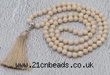 GMN604 Hand-knotted 8mm, 10mm white fossil jasper 108 beads mala necklaces with tassel