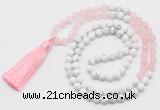 GMN6102 Knotted 8mm, 10mm rose quartz & white howlite 108 beads mala necklace with tassel