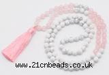 GMN6102 Knotted 8mm, 10mm rose quartz & white howlite 108 beads mala necklace with tassel