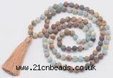 GMN6106 Knotted 8mm, 10mm matte mixed amazonite & jasper 108 beads mala necklace with tassel