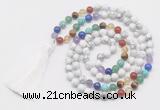 GMN6121 Knotted 7 Chakra 8mm, 10mm white howlite 108 beads mala necklace with tassel