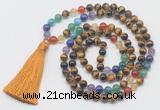 GMN6123 Knotted 7 Chakra 8mm, 10mm yellow tiger eye 108 beads mala necklace with tassel