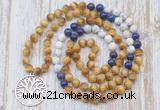 GMN6157 Knotted 8mm, 10mm golden tiger eye, lapis lazuli & matte white howlite 108 beads mala necklace with charm