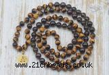 GMN6158 Knotted 8mm, 10mm yellow tiger eye, garnet & smoky quartz 108 beads mala necklace with charm