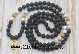 GMN6168 Knotted 8mm, 10mm black lava, matte white howlite & golden tiger eye 108 beads mala necklace with charm