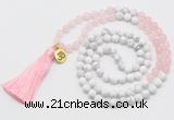 GMN6202 Knotted rose quartz & white howlite 108 beads mala necklace with tassel & charm