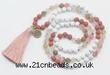 GMN6205 Knotted white howlite, cherry quartz & red jasper 108 beads mala necklace with tassel & charm