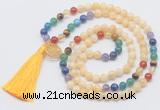GMN6220 Knotted 7 Chakra honey jade 108 beads mala necklace with tassel & charm