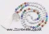 GMN6221 Knotted 7 Chakra white howlite 108 beads mala necklace with tassel & charm