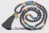 GMN6227 Knotted 7 Chakra black obsidian 108 beads mala necklace with tassel & charm