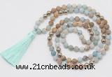 GMN6244 Knotted 8mm, 10mm matte amazonite & picture jasper 108 beads mala necklace with tassel