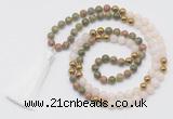 GMN6249 Knotted 8mm, 10mm unakite, white jade & hematite 108 beads mala necklace with tassel