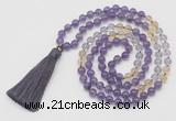 GMN6253 Knotted 8mm, 10mm amethyst, citrine & white crystal 108 beads mala necklace with tassel