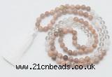 GMN6254 Knotted 8mm, 10mm sunstone, white crystal & white jade 108 beads mala necklace with tassel