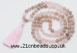 GMN6255 Knotted 8mm, 10mm sunstone, rose quartz & white jade 108 beads mala necklace with tassel