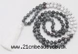 GMN6259 Knotted 8mm, 10mm snowflake obsidian, garnet & matte white howlite 108 beads mala necklace with tassel