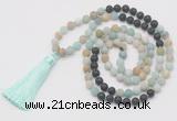 GMN6263 Knotted 8mm, 10mm matte amazonite & black lava 108 beads mala necklace with tassel