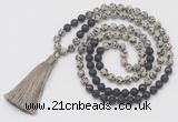 GMN6265 Knotted 8mm, 10mm dalmatian jasper, black lava & garnet 108 beads mala necklace with tassel