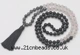 GMN6267 Knotted 8mm, 10mm black labradorite, matte rose quartz  & black agate 108 beads mala necklace with tassel