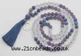 GMN6301 Knotted amethyst, white crystal & lapis lazuli 108 beads mala necklace with tassel & charm