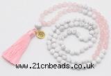 GMN6302 Knotted rose quartz & white howlite 108 beads mala necklace with tassel & charm