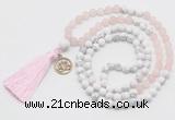 GMN6303 Knotted matte rose quartz & white howlite 108 beads mala necklace with tassel & charm