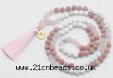 GMN6304 Knotted white howlite, pink jasper & rose quartz 108 beads mala necklace with tassel & charm