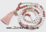 GMN6305 Knotted white howlite, cherry quartz & red jasper 108 beads mala necklace with tassel & charm