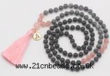 GMN6317 Knotted matte black agate, black labradorite & rose quartz 108 beads mala necklace with tassel & charm