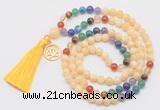 GMN6320 Knotted 7 Chakra honey jade 108 beads mala necklace with tassel & charm