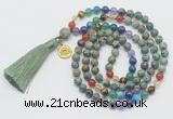 GMN6326 Knotted 7 Chakra African turquoise 108 beads mala necklace with tassel & charm
