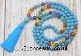 GMN6340 Knotted 7 Chakra 8mm, 10mm turquoise 108 beads mala necklace with tassel