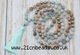 GMN6344 Knotted 8mm, 10mm matte amazonite & picture jasper 108 beads mala necklace with tassel