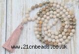 GMN6345 Knotted 8mm, 10mm white fossil jasper & picture jasper 108 beads mala necklace with tassel