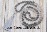 GMN6356 Knotted 8mm, 10mm labradorite, rose quartz & white moonstone 108 beads mala necklace with tassel