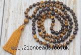 GMN6358 Knotted 8mm, 10mm yellow tiger eye, garnet & smoky quartz 108 beads mala necklace with tassel