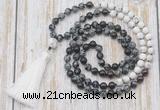 GMN6359 Knotted 8mm, 10mm snowflake obsidian, garnet & matte white howlite 108 beads mala necklace with tassel