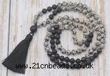 GMN6365 Knotted 8mm, 10mm dalmatian jasper, black lava & garnet 108 beads mala necklace with tassel