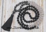 GMN6367 Knotted 8mm, 10mm black labradorite, matte rose quartz  & black agate 108 beads mala necklace with tassel