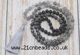 GMN6370 Knotted 8mm, 10mm black lava, black labradorite & cloudy quartz 108 beads mala necklace with tassel