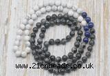 GMN6410 Hand-knotted 8mm, 10mm matte white howlite & black labradorite 108 beads mala necklaces