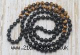 GMN6411 Hand-knotted 8mm, 10mm matte black agate & yellow tiger eye 108 beads mala necklaces