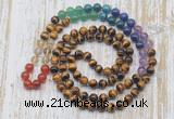 GMN6424 Hand-knotted 7 Chakra 8mm, 10mm yellow tiger eye 108 beads mala necklaces