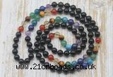 GMN6427 Hand-knotted 7 Chakra 8mm, 10mm black obsidian 108 beads mala necklaces