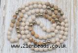 GMN6445 Hand-knotted 8mm, 10mm white fossil jasper & picture jasper 108 beads mala necklaces